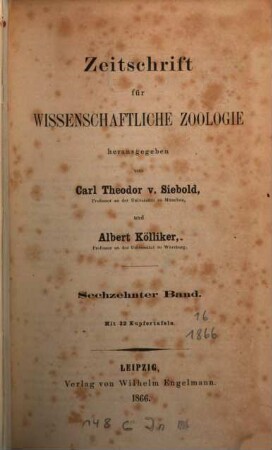 Zeitschrift für wissenschaftliche Zoologie. 16. 1866