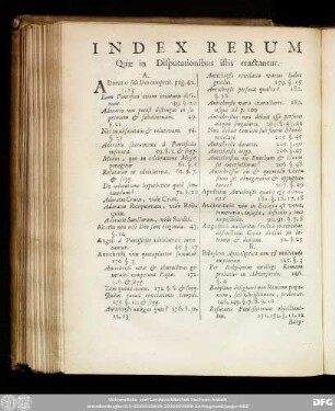 Index Rerum Quae in Disputationibus istis tractantur.