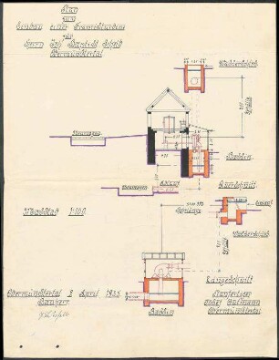 Einbau einer Francisturbine für Joh. Baptist Schelb, Obermünstertal; Querschnitt, Längsschnitt 1:100; gef. v. Josef Gutmann, Obermünstertal; genehmigt v. Bezirksamt Staufen; kol. Handzeichnung