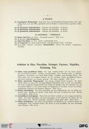Arbeiten in Glas, Porzellan, Steingut, Fayence, Majolika, Steinzeug, Ton (Nr. 210-476)