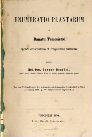 Enumeratio plantarum in Banatu Temesiensi sponte crescentium et frequentius cultarum