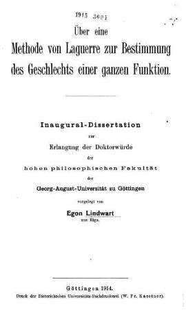 Über eine Methode von Laguerre zur Bestimmung des Geschlechts einer ganzen Funktion