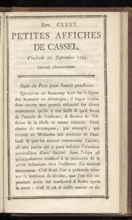 No CXXXV Vendredi 23. Septembre 1785)