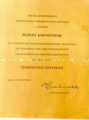 Urkunde zur Ehrenmedaille zum Ehrentitel "Verdienter Erfinder"