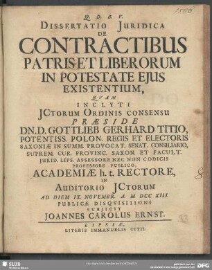Dissertatio Iuridica De Contractibus Patris Et Liberorum In Potestate Eius Existentium