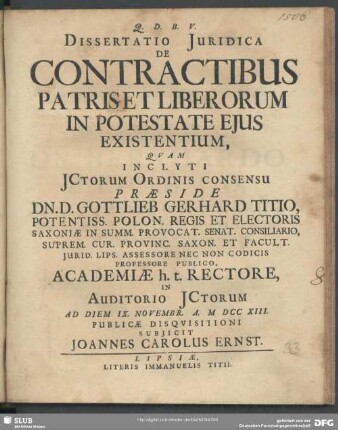 Dissertatio Iuridica De Contractibus Patris Et Liberorum In Potestate Eius Existentium
