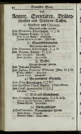 VII. Aemter, Societäten, Brüderschaften und Wittwen-Cassen.
