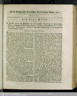Extra-Beilage zum literarischen Conversations-Blatt, 1823. Februar. Ein paar Worte ...