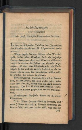 Erläuterungen über verschiedene Geld- und Wechsel- Cours - Berechnungen.