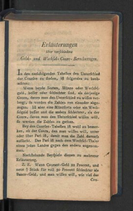 Erläuterungen über verschiedene Geld- und Wechsel- Cours - Berechnungen.