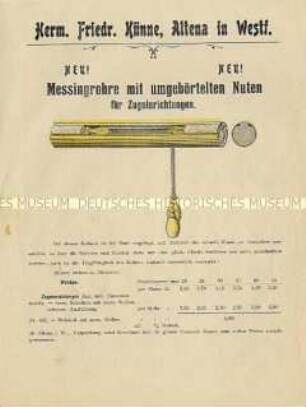 Werbeprospekt für Zugeinrichtungen aus Messingrohren; um 1900