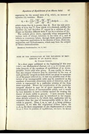 Note on the integration of the equations of equilibrium of an elastic solid.