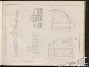 Fronton der Sternwarte. Seiten-Facade der Sternwarte. Durchschnitt der Sternwarte. Ansicht der Eisen-Construction und des Mascinenwerks der Drehkuppel. Grundriss der Eisen-Construction und des Maschinenwerks der Drehkuppel auf der Sternwarte.
