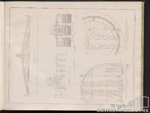 Fronton der Sternwarte. Seiten-Facade der Sternwarte. Durchschnitt der Sternwarte. Ansicht der Eisen-Construction und des Mascinenwerks der Drehkuppel. Grundriss der Eisen-Construction und des Maschinenwerks der Drehkuppel auf der Sternwarte.