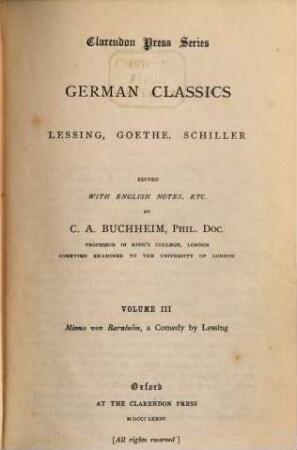 German classics : Lessing, Goethe, Schiller. 3, Minna von Barnhelm