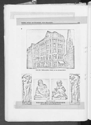 Abb. 853. Rathaus-Hörn, Ansicht in der Hermannstraße. Abb. 854 bis 857. Rathaus-Hörn, Figuren am Eingang Mönckebergstraße und am Eingang nach dem Rathausmarkt.