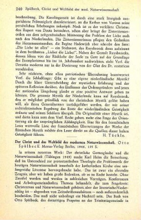 240-241 [Rezension] Spülbeck, Otto, Der Christ und das Weltbild der modernen Naturwissenschaft