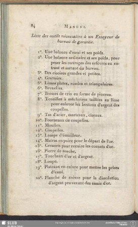 Liste des outils nécessaires à un Essayeur de bureau de garantie