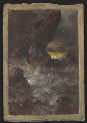 H. Allmers (?): Felsenküste mit stürmischer See und Sonnenuntergang (Ölstudie)
