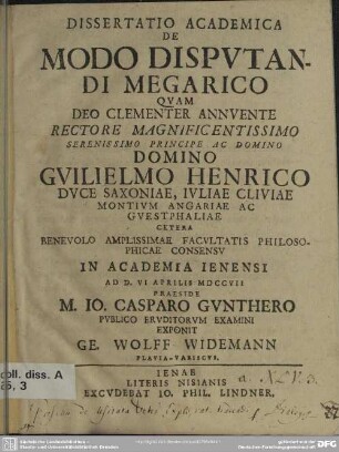 Dissertatio Academica De Modo Disputandi Megarico