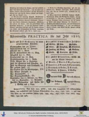 Astronomische Practica für das Jahr 1820.