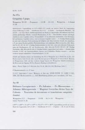 Aa 48. Defensor Locogiacensis, Ps. Salonius, Ps. Hieronymus, Adamus Alderspacensis, Magister Gerardus dictus Saxo de Colonia, Tractatus de inventione et translatione sanguinis domini