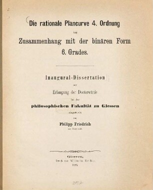 Die rationale Plancurve 4. Ordnung im Zusammenhang mit der binären Form 6. Grades : Inaug.-Diss.