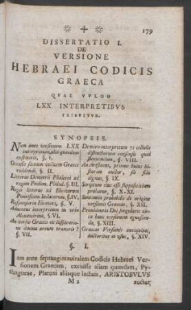 Dissertatio I. De Versione Hebraei Codicis Graeca ...