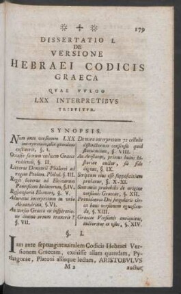 Dissertatio I. De Versione Hebraei Codicis Graeca ...