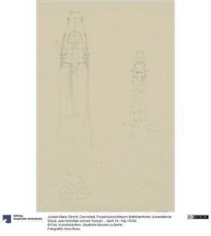 Darmstadt, Projekt Aussichtsturm Mathildenhöhe, vorbereitende Skizze, zwei Ansichten und ein Horizontalschnitt