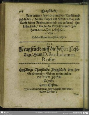 XII [XIII]. Fragstücke auff die hohen Fest-Tage, Herrn D. Bartholomaei Rosini