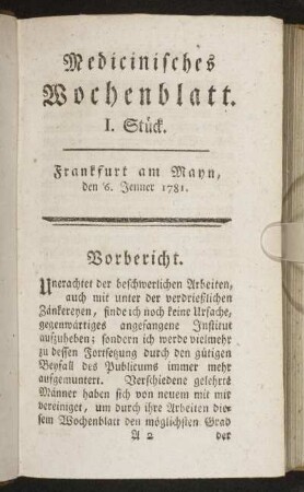 I. Stück. Frankfurt am Mayn, den 6. Jenner 1781. - IV. Stück. Frankfurt am Mayn, den 27. Jenner 1781.