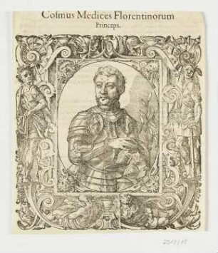 Bildnis Cosimo de Medici in einer Umrahmung mit Waffen und Gefangenen