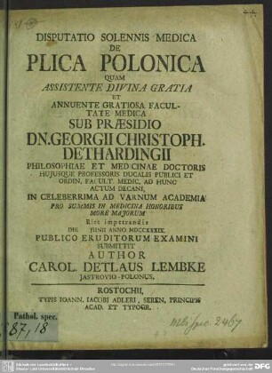 Disputatio Solennis Medica De Plica Polonica