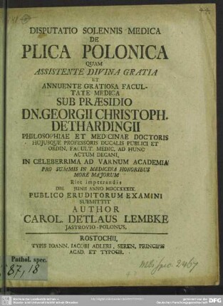 Disputatio Solennis Medica De Plica Polonica