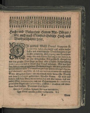 [An Die Hochlöbl. Erbgesessene/ versammlete Bürgerschafft Der Stadt Hamburg/ ...]