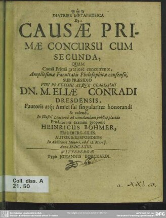 Diatribe metaphysica de causae primae concursu cum secunda