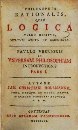Philosophia Rationalis, Qvae Logica Vvlgo Dicitvr, Mvltvm Avcta Et Emendata