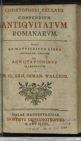 Christophori Cellarii Compendium Antiquitatum Romanarum