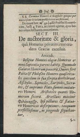 Sect. III. De auctoritate & gloria, qua Homerus privatim inter eruditos Graeciae excelluit.