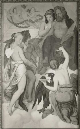 Amor bittet Jupiter um Vermählung mit Psyche : Amor bittet Jupiter um Vermählung mit Psyche. Fresko; 2,12 x 1,18 m (1838; M. von Schwind). Gartenpavillon des Schlosses Rüdigsdorf