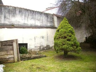 Kirchhof im Norden-Kirchhofmauer (Wehrgang im 18 Jh abgetragen) mit Rest der einstigen Steinbrüstung des Wehrgangs (im 19 Jh überputzt)
