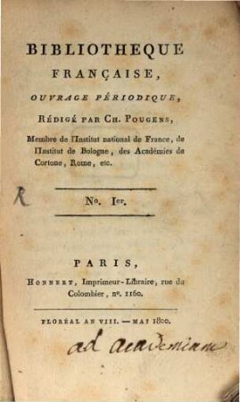 Bibliothèque française : ouvrage périodique. 1. 1800, 1 = Mai