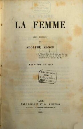 La Femme : Deux discours par Adolphe Monod