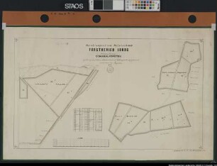 "Forstinspection Palsterkamp, Forstrevier Iburg. Forstbegang Scheventorf. Domanialforsten, früher zu den Gütern Scheventorf und Schleppenburg gehörend" Zwei Teilzeichnungen mit einem Flächenverzeichnis. Ausf.-Art: Farbige Zeichnung Herst.: G. W. Appuhn Format: 47 x 80 cm Maßstab: 1 : 3200