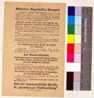 Gegen die SPD gerichteter programmatischer Wahl- und Beitrittsaufruf der Kommunistischen Partei Deutschlands an die Arbeiter, Angestellten und Beamten sowie Werbung für die kommunistische "Hamburger Volkszeitung"