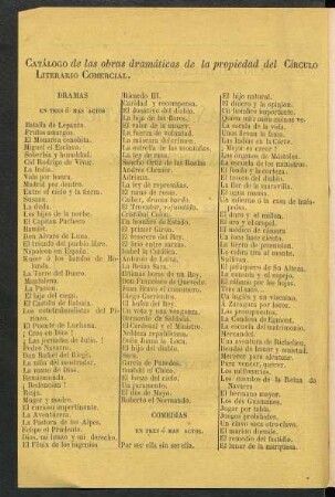 Catálogo de las obras dramáticas de la propiedad del "Círculo Literario Comercial".
