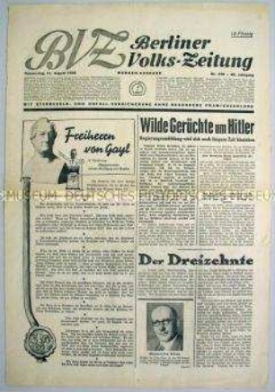 Titelblatt der "Berliner Volks-Zeitung" u.a. zur Rede von Freiherr von Gayl zum "Verfassungstag"