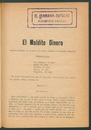 El maldito dinero : Boceto dramático en un acto y en prosa