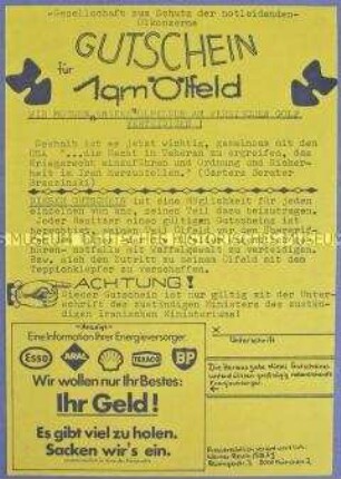 Hektografiertes Flugblatt der SDAJ im Layout eines fiktiven Gutscheines für 1 Quadratmeter Ölfeld